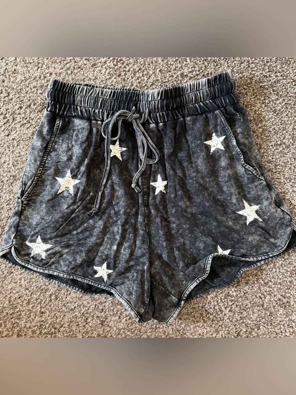Washed Black Star Print Drawstring Women’s Shorts